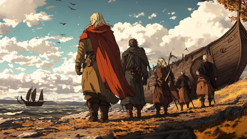 Group of Norse figures observes beached longship on coastline