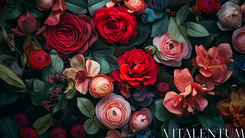 Luxuriant Bloom Garden: Red Roses and Romantic Florals Cascade.