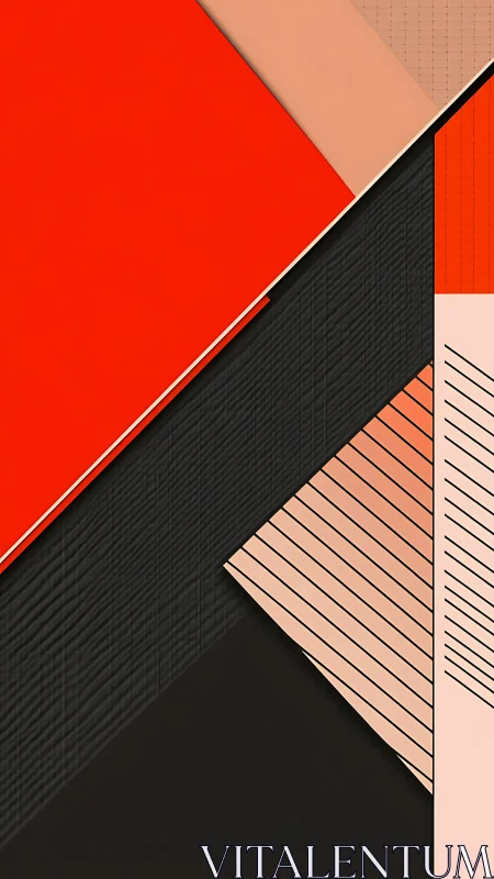 Geometric abstract layout in red, peach, and black tones.