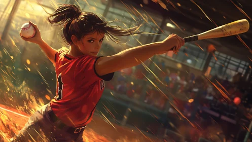 Fierce softball heroine ignites the diamond in mid-swing.