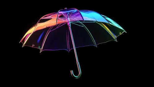 Vibrant Neon Umbrella on Black Background, Digital Art Style.