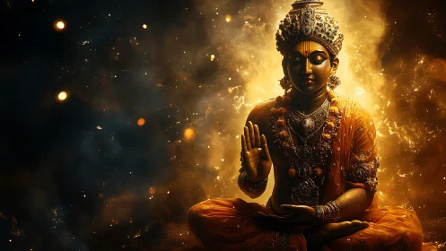 Digital painting of radiant seated deity in cosmic aura.