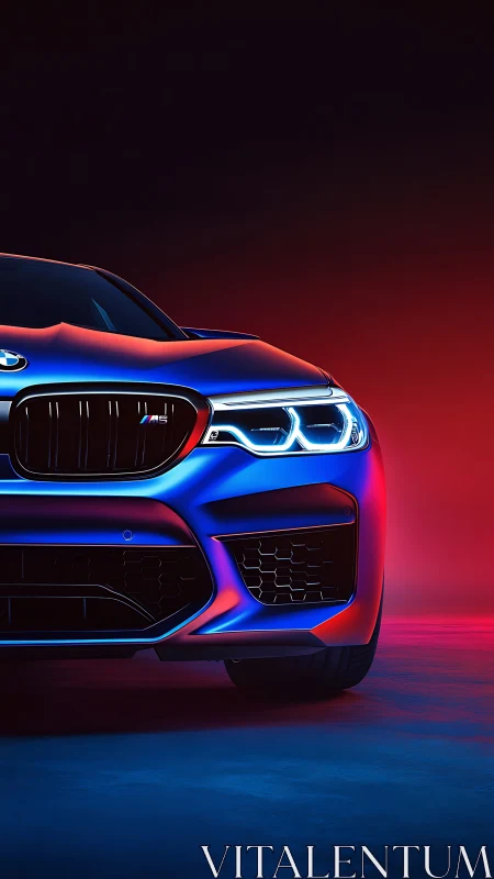 Front view shows illuminated BMW sports sedan in neon light