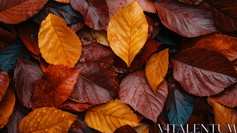 Golden and russet autumn leaves rest softly after rainfall