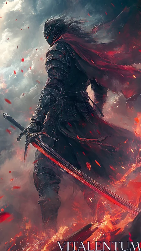 Armored warrior stands in flames holding a glowing red sword