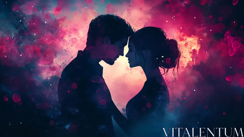 Silhouetted Couple in Romantic Digital Luminescence.