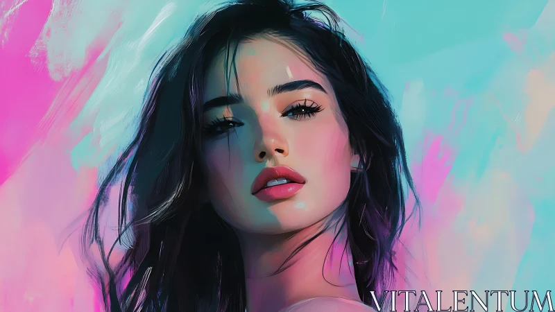 Digital portrait depicts woman against gradient teal pink field