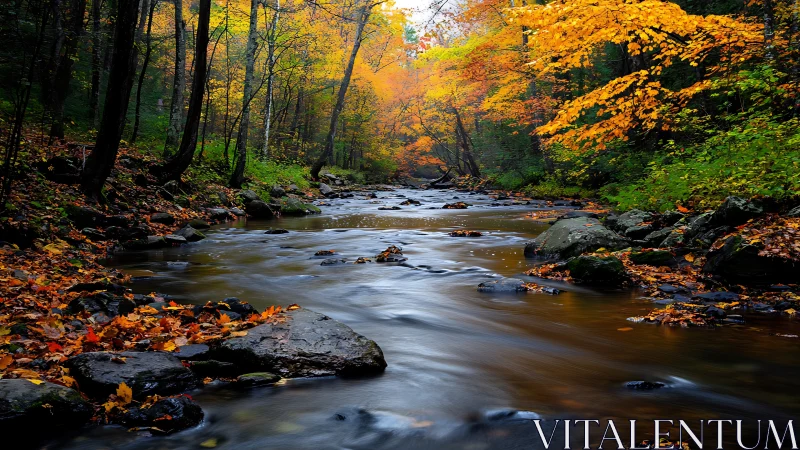 Autumn forest creek flowing through vivid golden foliage.