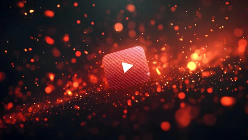 YouTube play button icon in glowing digital art style with sparks.