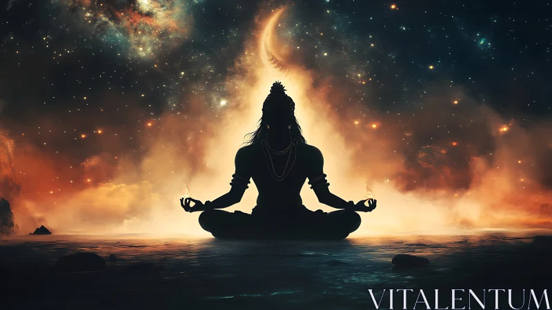 Cosmic meditative silhouette amid nebular plasma gradients.