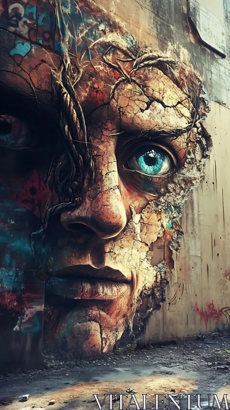 Weathered concrete mural face with roots and cyan irises