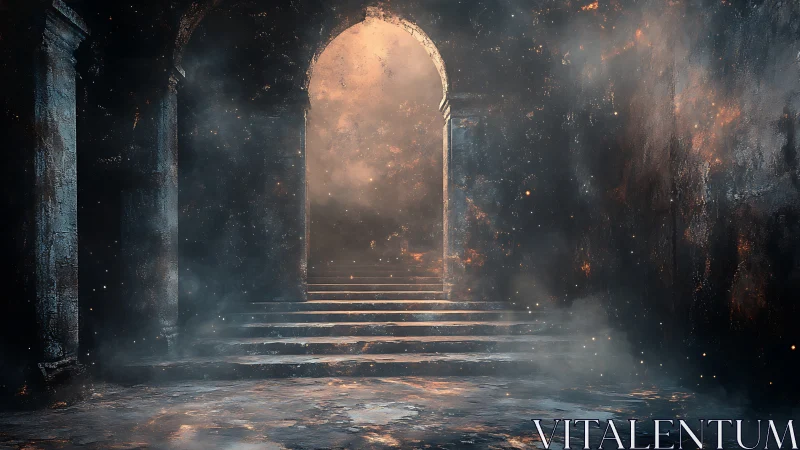 Architectural archway with volumetric light diffusion and particulate atmospheric rendering