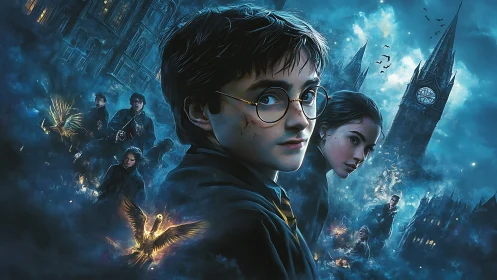 Young wizard amid stormy blue magic and looming clocktower.