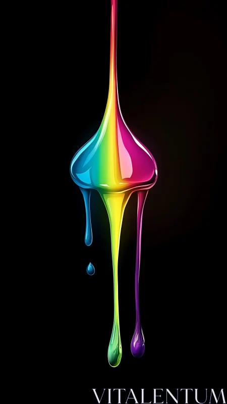 Liquid rainbow droplet stretches in glossy neon flow.