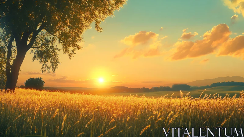 Golden meadow sunset casts warm light across rolling fields
