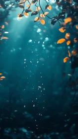 Soft teal depths cradle floating bubbles beneath golden leaves