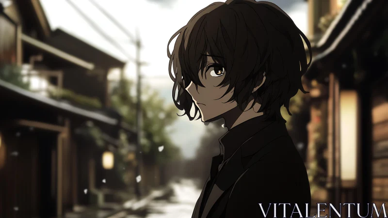 Melancholic anime boy walks through a quiet winter street