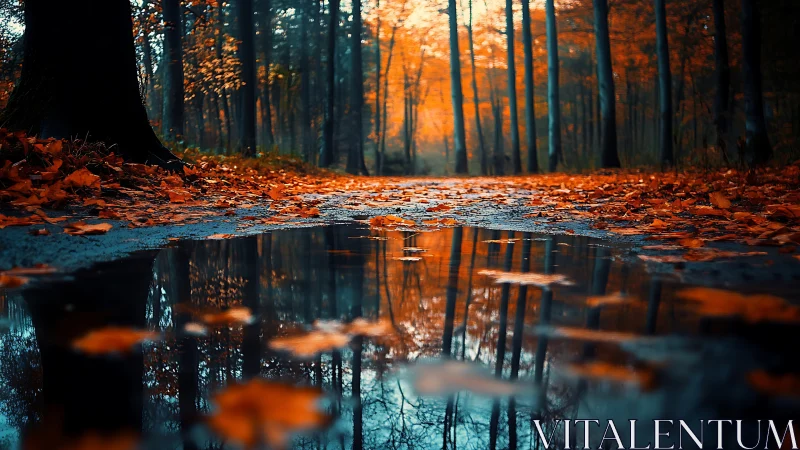 Autumn Forest Mirror. Golden Leaves Reflect in Still Water