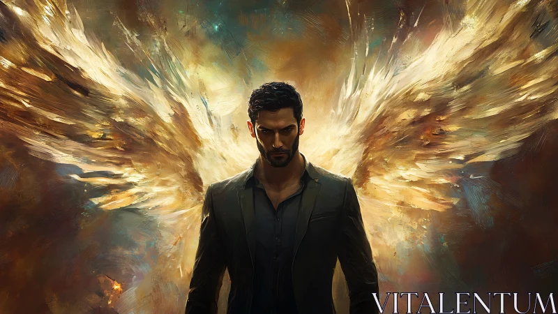 Male figure stands before luminous abstract wing forms