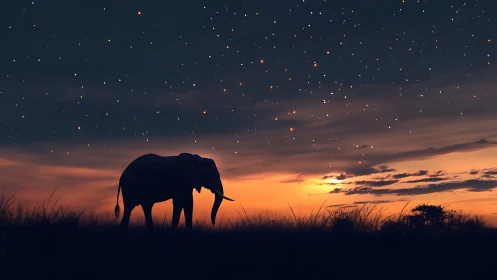 Gentle elephant strolls under a glowing starry savanna sky