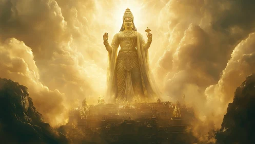 Golden celestial deity rising above a cloud crowned citadel.