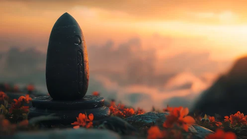 Stone monolith stands on floral foreground at diffuse sunset