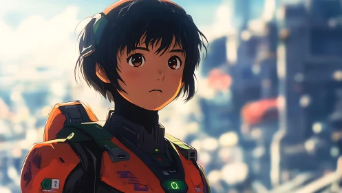 Young exosuit pilot in orange tactical armor, dusk cityscape