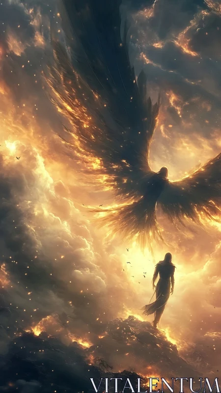 Celestial angelic silhouette ascends through blazing storm clouds