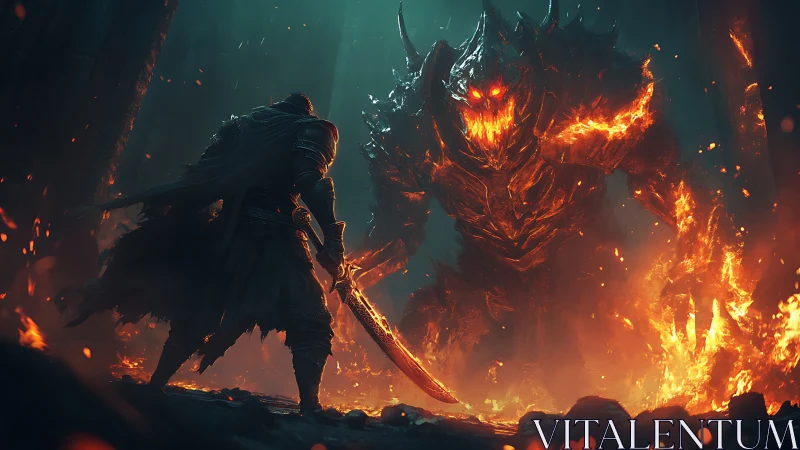Lone warrior confronts colossal fire demon in blazing abyss