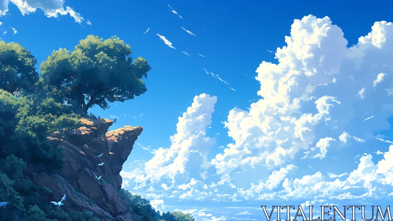 Sunlit cliffside canopy faces expansive cumulus sky