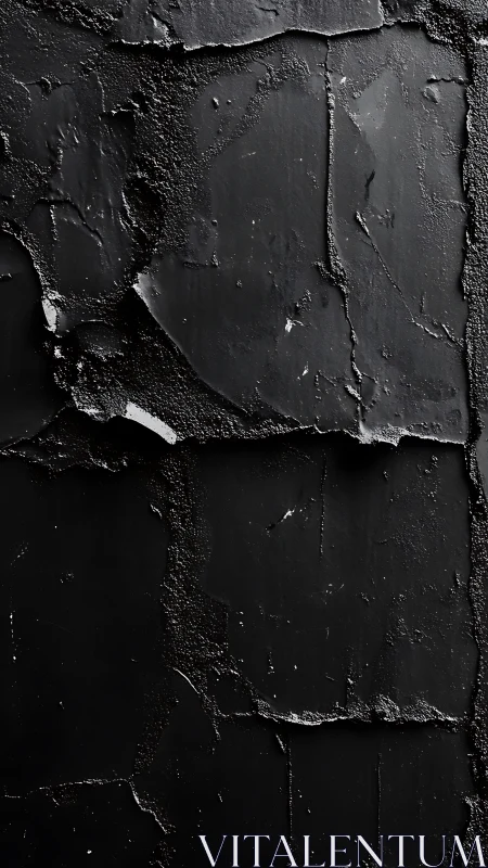 Cracked black plaster wall reveals rugged urban texture