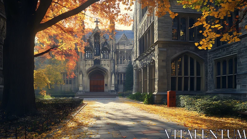 Autumn courtyard framing neo gothic university chapel facade.