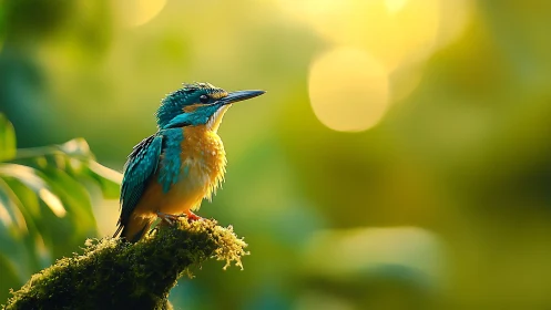Vibrant Kingfisher on Mossy Branch in Sunlit Nature Scene.