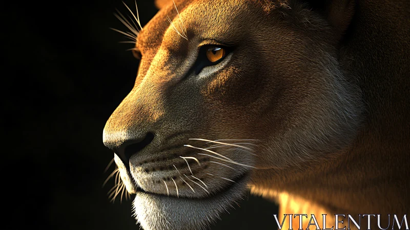 Photorealistic lioness profile in dramatic rim lighting study.
