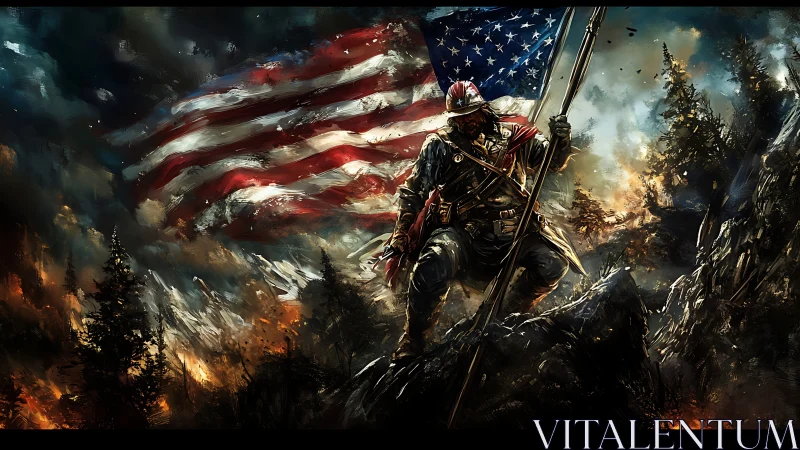 Battle-worn soldier plants US flag in a blazing war-torn valley