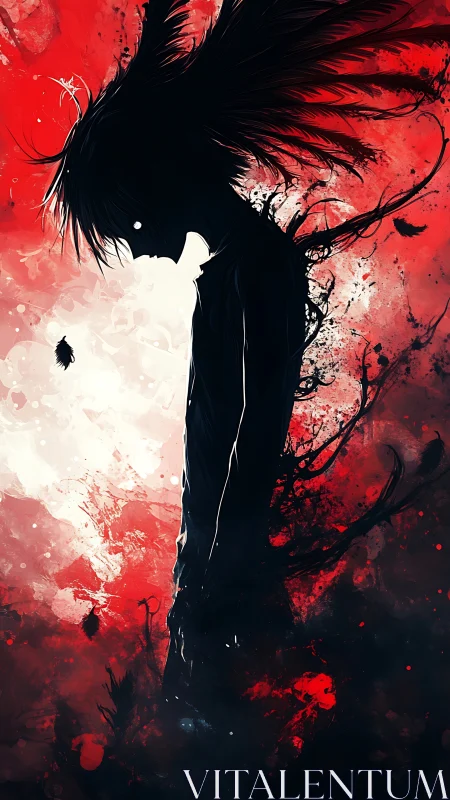 Silhouetted figure with dark plume against red abstract field.