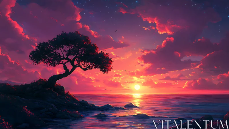 Digital sunset seascape with silhouetted coastal tree composition.