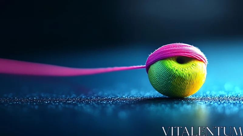 Macro study of neon textured sphere wrapped in pink thread.