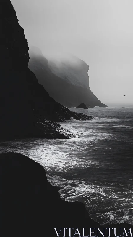 Steep coastal cliffs meet rough ocean under heavy fog