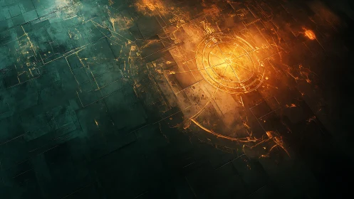 Futuristic Circuit Board with Glowing Orange Holographic Interface.