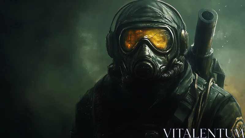 Hazmat shock trooper in toxic atmospheric particulate field.