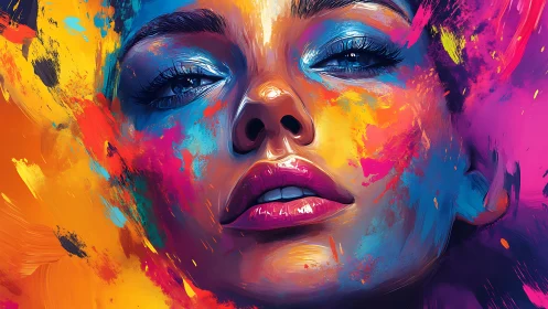 Hyperreal female portrait in vivid multicolor paint eruption