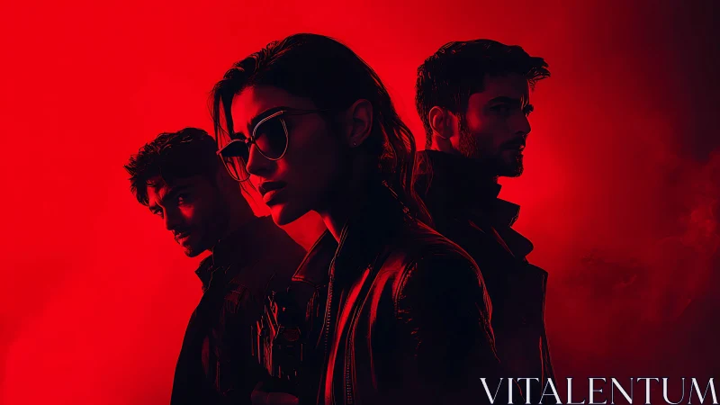 Three silhouetted figures stand in red backlit haze