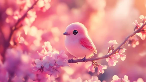 Pastel songbird resting among luminous cherry blossoms.