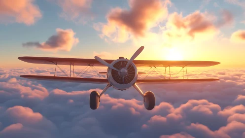 Vintage biplane soars above glowing clouds at sunrise