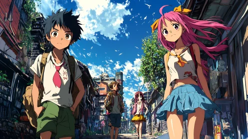 Group of anime youths walking through narrow urban street.