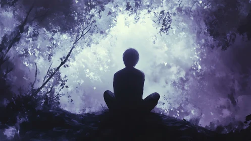 Solitary silhouette beneath luminous violet forest sky.