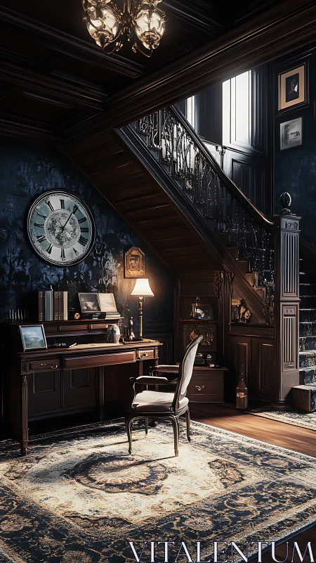 Victorian mahogany study beneath ornate staircase with desk