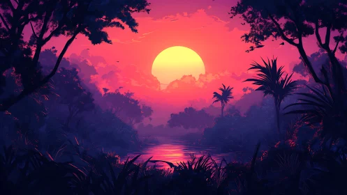 Neon jungle sunset glows above tranquil reflective river.