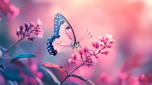 Pastel-winged butterfly drifting through rosy twilight blooms.